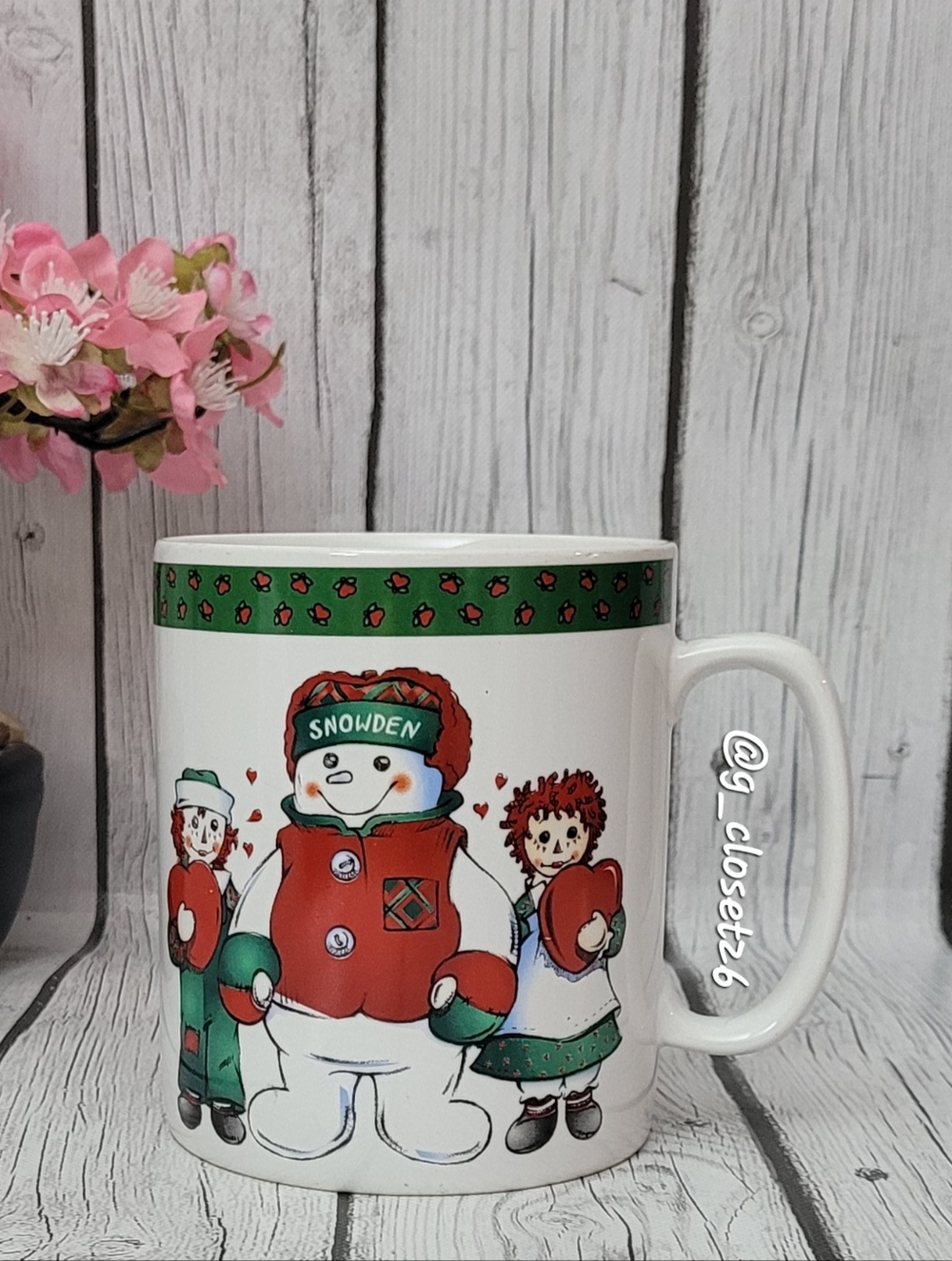 Sakura Jumbo 1998 SNOWDEN Snowman Raggedy Ann & Andy Ceramic Coffee Mug